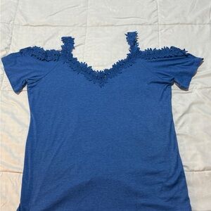 Blue Lace Trim Cold Shoulder Top